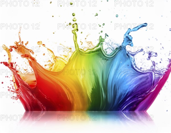 A vivid and dynamic display of multicolored paint splashing in motion against a pristine white backdrop, conveying energy, creativity, and colorful artistry for vibrant compositions and conceptual visuals, AI generated