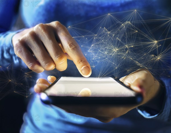 A close-up of a hand using a smartphone with a glowing digital network overlay, illustrating advanced technology, connectivity, and modern device interaction in a conceptual design emphasizing innovation, AI generated
