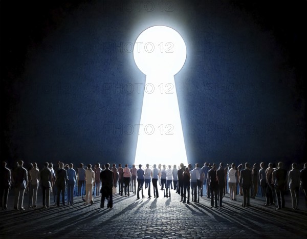 A vast group of people walking towards a glowing light keyhole in a symbolic display of hope, unity, and collective aspiration, AI generated
