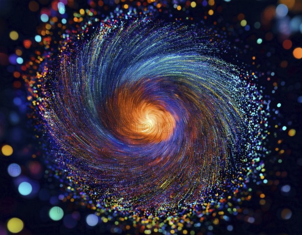 Abstract representation of a colorful swirling galaxy formed by vibrantly arranged particles and specks on a dark background, evoking the mysteries and allure of infinite space and artistic expression, AI generated