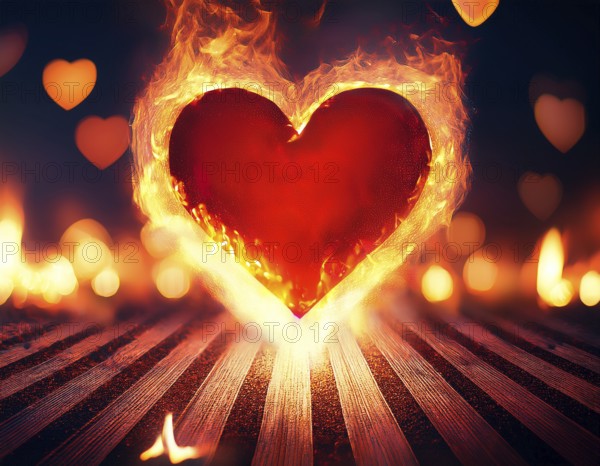 A bright heart-shaped flame glowing amidst a dark background with orange bokeh lights, symbolizing passion, love, and warmth. This striking image represents affection, intensity, and emotional energy, AI generated