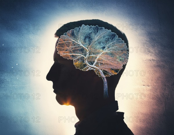 A creative representation of a human head silhouette incorporating an illuminated brain. The image blends nature and intellect themes through the inclusion of a forest background during sunset, AI generated