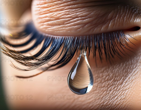 Detailed macro image showcasing a tear drop delicately poised on long eyelashes, conveying emotions and fragility, AI generated