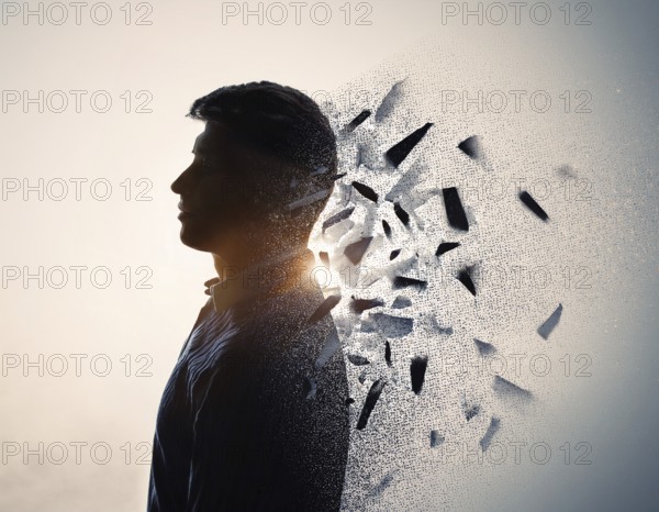 Creative image showing a silhouette of a man merging with an abstract dispersion effect and dramatic light, symbolizing transformation, disintegration, creativity, and inspiration with a focus on artistic exploration, AI generated