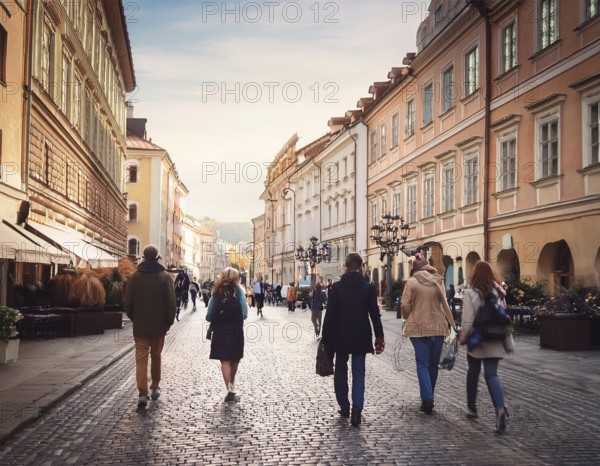 A vibrant urban street captures a diverse crowd enjoying a stroll under the warm sunlight, with beautiful architecture and blooming flower decorations creating a welcoming atmosphere, AI generated