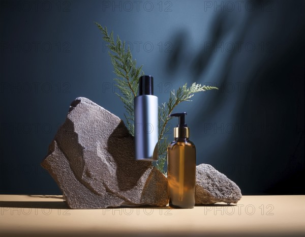 Skincare bottle showcased with dried flowers and a natural prop, creating a minimalist aesthetic. Ideal for branding eco-friendly beauty products or promoting sustainable and organic cosmetics, AI generated