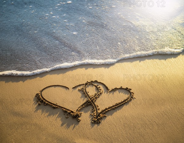 Warm tropical beach with two hearts drawn on the sand, blue waters, and clear skies, invoking feelings of love, romance, serenity, and vacations, perfect for expressing heartfelt and relaxing concepts, AI generated