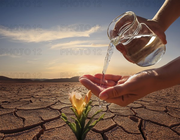 Symbolizing hope and resilience, a flower thrives in a dry desert landscape, nourished by water from supportive hands amidst a barren environment, representing growth despite adverse conditions, AI generated