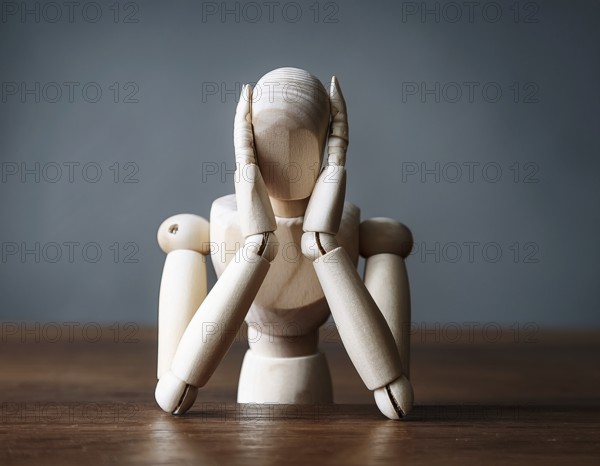 A wooden mannequin seated at a table conveys emotions of stress, thought, and contemplation. Captivating imagery that embodies serene introspection and personal challenges, AI generated
