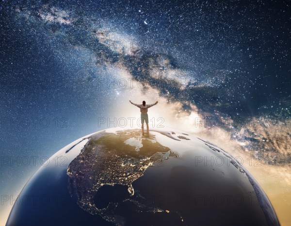A man stands victoriously atop the Earth amidst a surreal cloudscape, symbolizing triumph over challenges and connection to the planet, AI generated