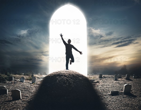 A silhouette of a lone figure walking off a gravestone, The scene evokes Resurrection thoughts emotional depth, AI generated