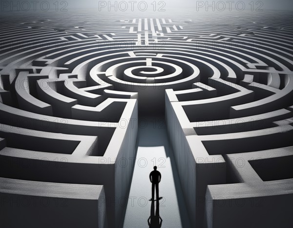 A lone individual stands at the edge of a large circular maze, contemplating choices and challenges ahead. The scene symbolizes complexity, decision-making, and introspection in a metaphorical depiction, AI generated
