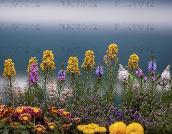 A variety of colorful wildflowers flourish on a hillside against a blurred mountainous backdrop. The flowers reflect vibrancy, serenity, and the beauty of nature in a peaceful outdoor environment, AI generated