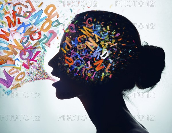 A striking depiction of creativity and communication, showing colorful letters flowing from the brain to speech, AI generated