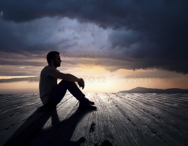 Silhouette of a person sitting alone within a brick archway, observing a peaceful and scenic cloudy horizon, evoking feelings of solitude, introspection, and calmness, AI generated
