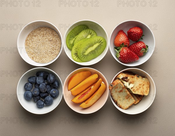 An arrangement of bowls filled with an assortment of fresh fruits, nuts, and seeds, showcasing a healthy and delicious food presentation. perfect for meal inspiration and promoting a healthy lifestyle, AI generated