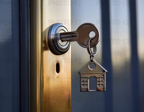 A key with a house-shaped keychain inserted into a keyhole, symbolizing home security and property concepts, AI generated