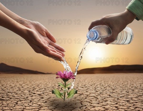 Symbolizing hope and resilience, a flower thrives in a dry desert landscape, nourished by water from supportive hands amidst a barren environment, representing growth despite adverse conditions, AI generated