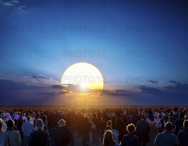 A group of individuals walks along the ground, silhouetted by a large setting sun, creating a dramatic and warm composition, AI generated