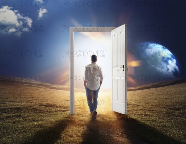 Concept Spirituality, Afterlife, Light Energy, Transcendence, Reality. Soul transcends through light portal exploring afterlife and spirituality, AI generated