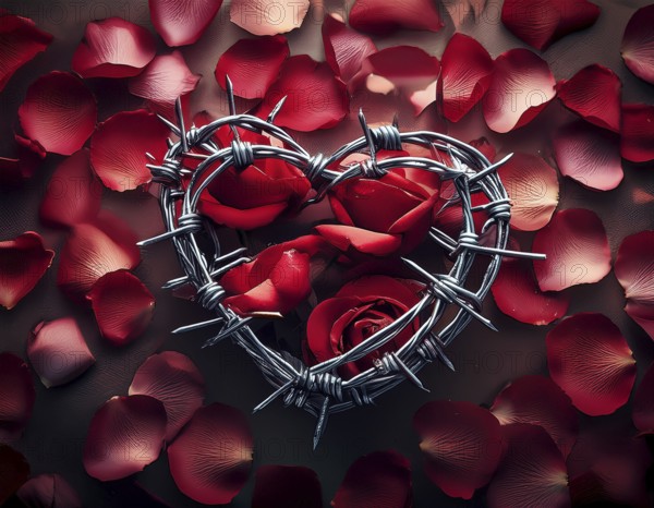 A symbolic depiction of a red heart entwined in barbed wire, embodying themes of emotional conflict and love under challenging circumstances, AI generated