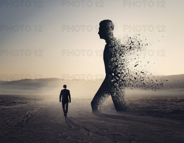Creative image showing a silhouette of a man merging with an abstract dispersion effect and dramatic light, symbolizing transformation, disintegration, creativity, and inspiration with a focus on artistic exploration, AI generated