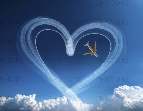 An airplane creates heart-shaped contrails in a vivid blue sky above fluffy white clouds, symbolizing love or travel. This scene combines nature, artistry, and aviation to evoke feelings of warmth and adventure, AI generated