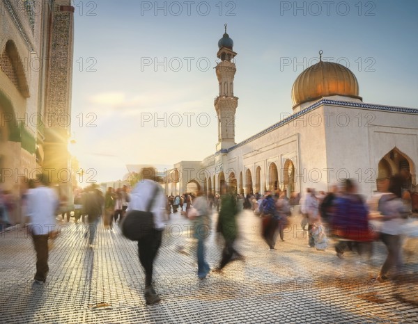 Travelers walk through an scanic architecture and culture of Muslim country, AI generated