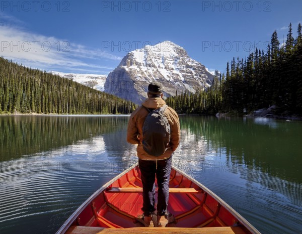 A serene moment of solitude depicted as an individual rows a boat across a tranquil mountain lake surrounded by lush forests and breathtaking peaks under a clear blue sky, AI generated