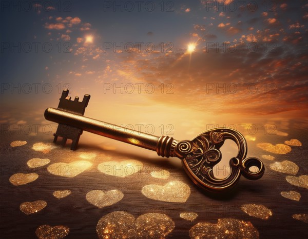 Elegant heart-shaped locket and intricate key on textured surface, surrounded by glowing hearts. An ideal symbol of love, romance, and heartfelt connections making it perfect for Valentine's themes, AI generated