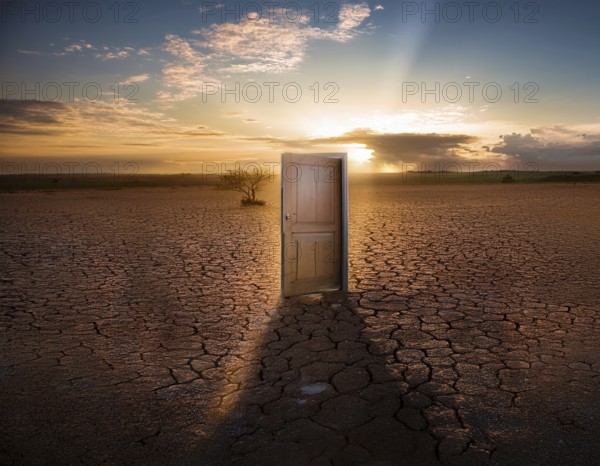 Glowing door is a portal to another world. Mysterious door with glowing light, AI generated