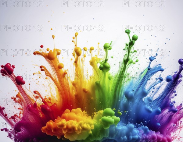 A vivid and dynamic display of multicolored paint splashing in motion against a pristine white backdrop, conveying energy, creativity, and colorful artistry for vibrant compositions and conceptual visuals, AI generated