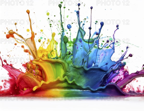A vivid and dynamic display of multicolored paint splashing in motion against a pristine white backdrop, conveying energy, creativity, and colorful artistry for vibrant compositions and conceptual visuals, AI generated