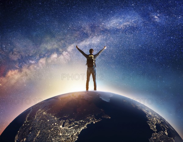 A man stands victoriously atop the Earth amidst a surreal cloudscape, symbolizing triumph over challenges and connection to the planet, AI generated