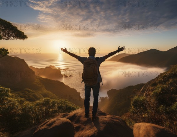 A serene scene of a person on a mountain summit, watching the sunrise over misty valleys, conveys peacefulness and freedom, AI generated