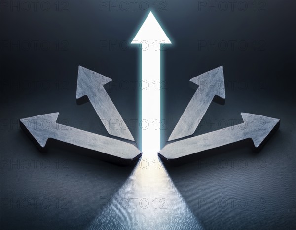 A bold blue arrow pointing upward, surrounded by four silver arrows. Represents leadership, decision-making, and strategic direction. Illuminated by warm light, conveying focus and determination, AI generated