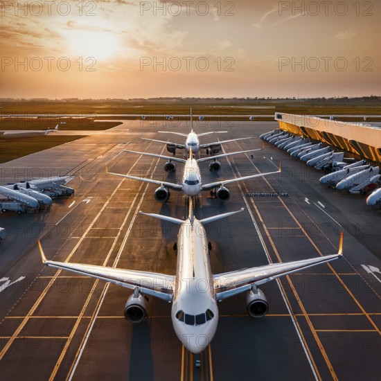 Photograph of airplanes parked at a terminal during sunset, showcasing airport workings under scenic light. Captures logistics and travel industry with striking atmospheric tones, AI generated