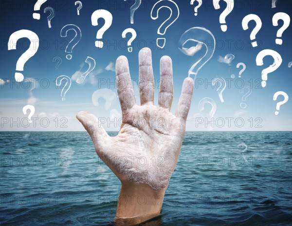 An extended hand emerges from water surrounded by floating question marks, artistically representing ambiguity, seeking answers, or a metaphorical call for help in a conceptual perspective, AI generated
