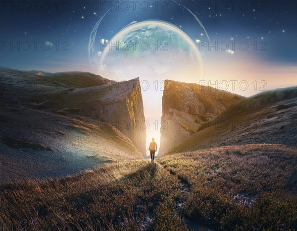Concept Spirituality, Afterlife, Light Energy, Transcendence, Reality. Soul transcends through light portal exploring afterlife and spirituality, AI generated