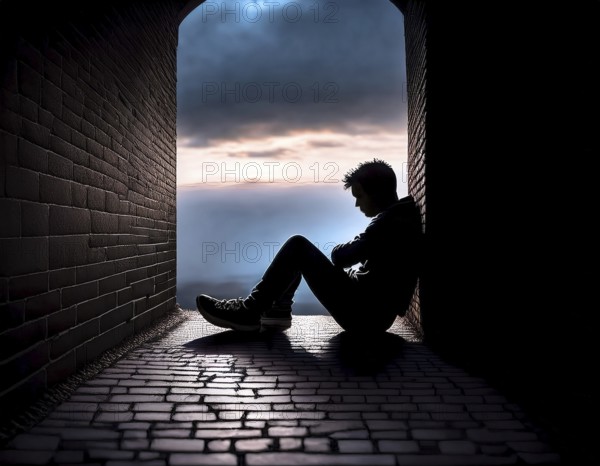 Silhouette of a person sitting alone within a brick archway, observing a peaceful and scenic cloudy horizon, evoking feelings of solitude, introspection, and calmness, AI generated