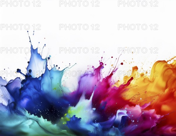 A vivid and dynamic display of multicolored paint splashing in motion against a pristine white backdrop, conveying energy, creativity, and colorful artistry for vibrant compositions and conceptual visuals, AI generated