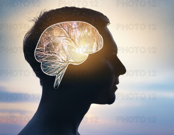A creative representation of a human head silhouette incorporating an illuminated brain. The image blends nature and intellect themes through the inclusion of a forest background during sunset, AI generated