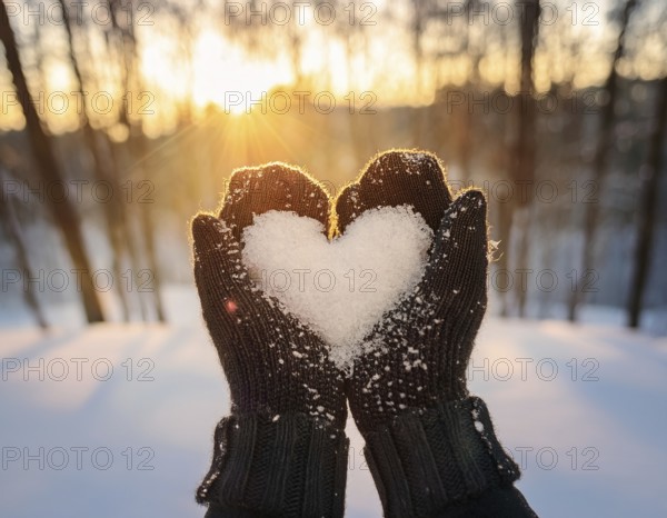 Serene winter scene showcasing hands in gloves holding a snow heart symbolizing love and warmth, AI generated