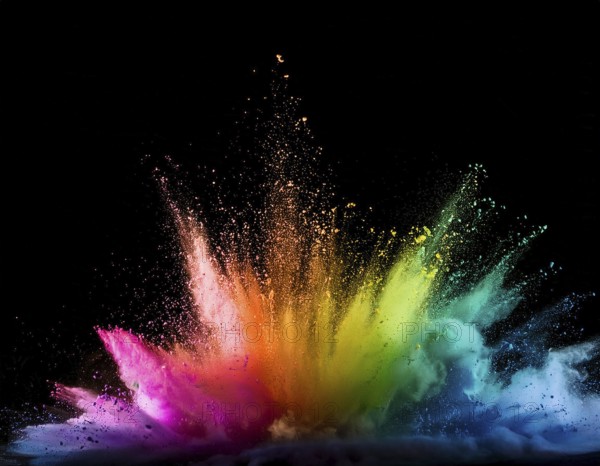 Vibrant and energetic multicolored powder explosion captured against a dark background. Evoking festival celebrations reminiscent of Holi, with dynamic motion and graphic potential for creative artistic projects, AI generated