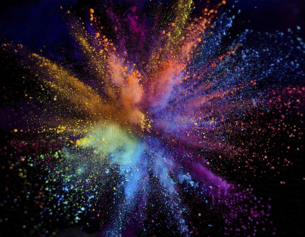 Vibrant and energetic multicolored powder explosion captured against a dark background. Evoking festival celebrations reminiscent of Holi, with dynamic motion and graphic potential for creative artistic projects, AI generated