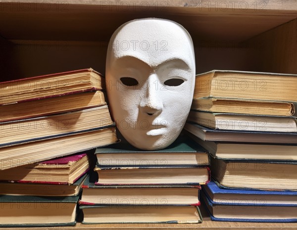 An artistic arrangement featuring a white theatrical mask placed amid various open old books, creating a curious and symbolic visual narrative evoking themes of literature, mystery, and drama, AI generated