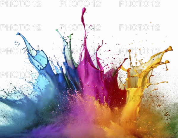 A vivid and dynamic display of multicolored paint splashing in motion against a pristine white backdrop, conveying energy, creativity, and colorful artistry for vibrant compositions and conceptual visuals, AI generated