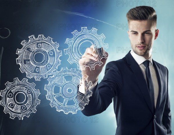 Businessman in formal attire holding stylized metallic gears against a blue futuristic background. Represents teamwork, strategy, and technological innovation. Ideal for connections, business operations, and industrial concepts, AI generated