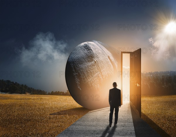 Concept Spirituality, Afterlife, Light Energy, Transcendence, Reality. Soul transcends through light portal exploring afterlife and spirituality, AI generated