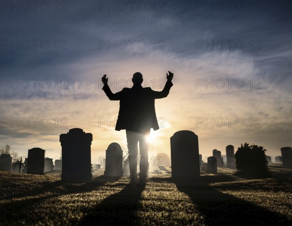 A silhouette of a lone figure walking off a gravestone, The scene evokes Resurrection thoughts emotional depth, AI generated